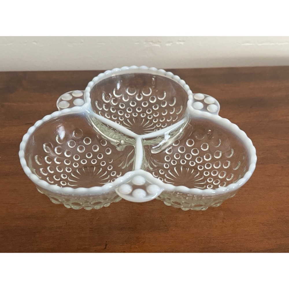 Vintage Anchor Hocking Glass Hobnail Moonstone Opalescent Divided 3 Section Bowl